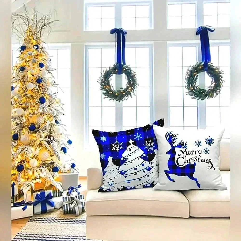Christmas Set Of 4 Blue Farmhouse Buffalo Plaid Holiday Toss Pillow Covers
